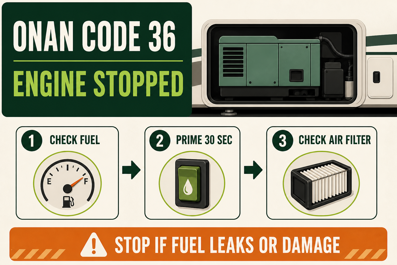 Onan Code 36 diagnostic sequence: check fuel, prime for 30 seconds, and check the air filter